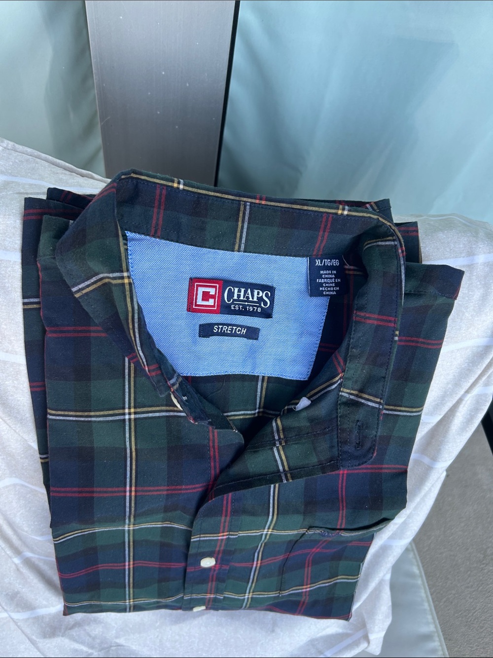 Chaps Men's Dark Green Plaid Button-Down Shirt with Red and Navy Accents